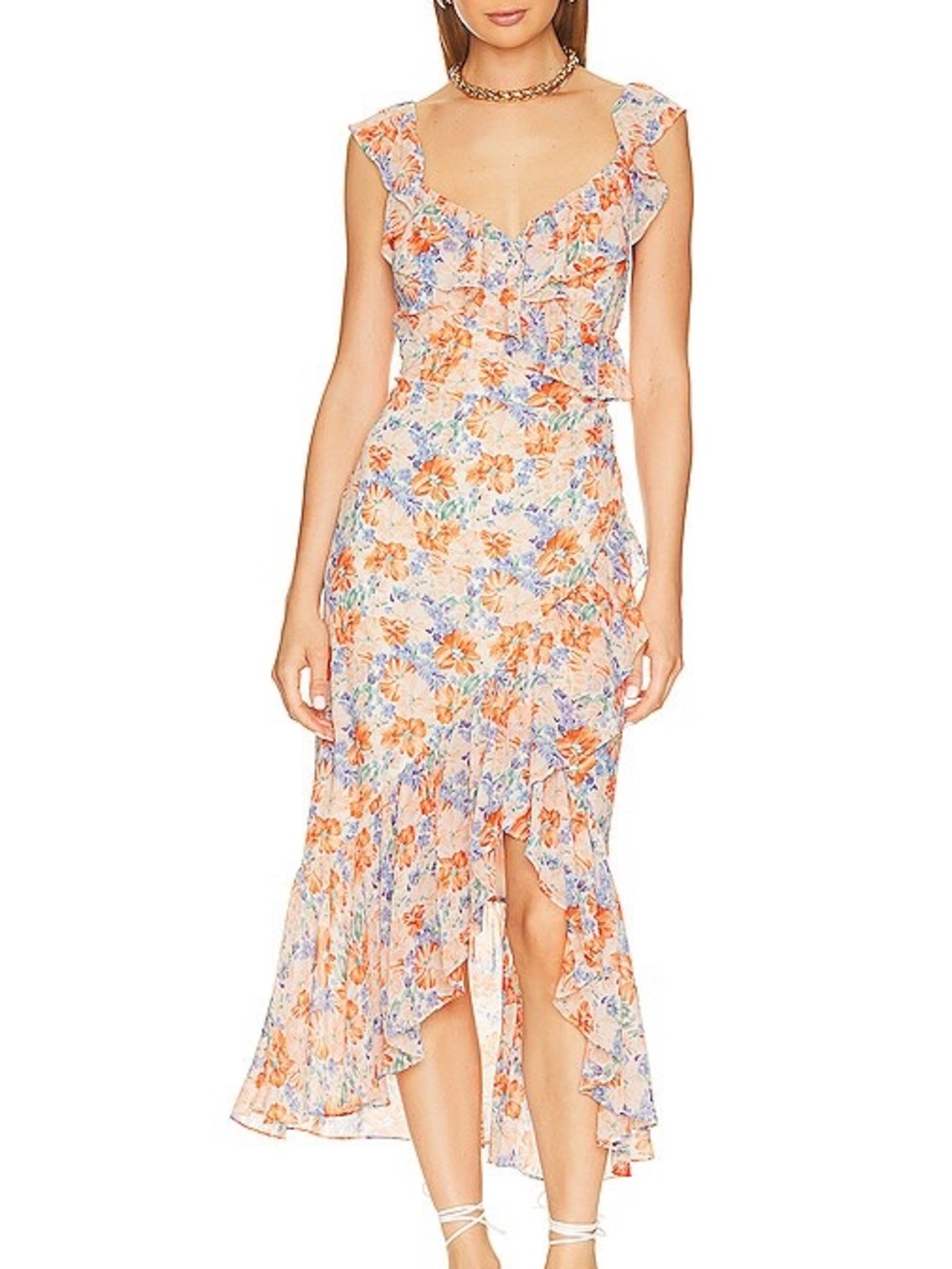 ASTR Mahalia Floral Ruffle Maxi Dress in Orange and Blue